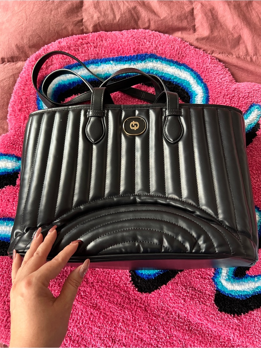 Quilted Black Tote Bag with Gold Accent